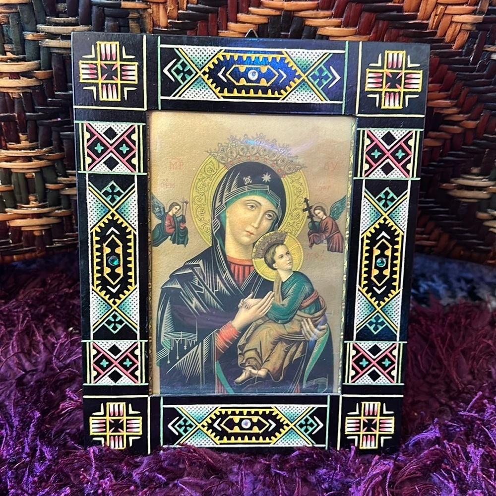 Vintage Madonna and Child Saint religious wood framed art
